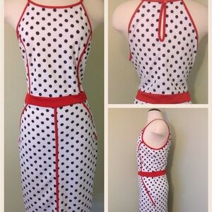 Polka Dot Halter Dress with Red Trim